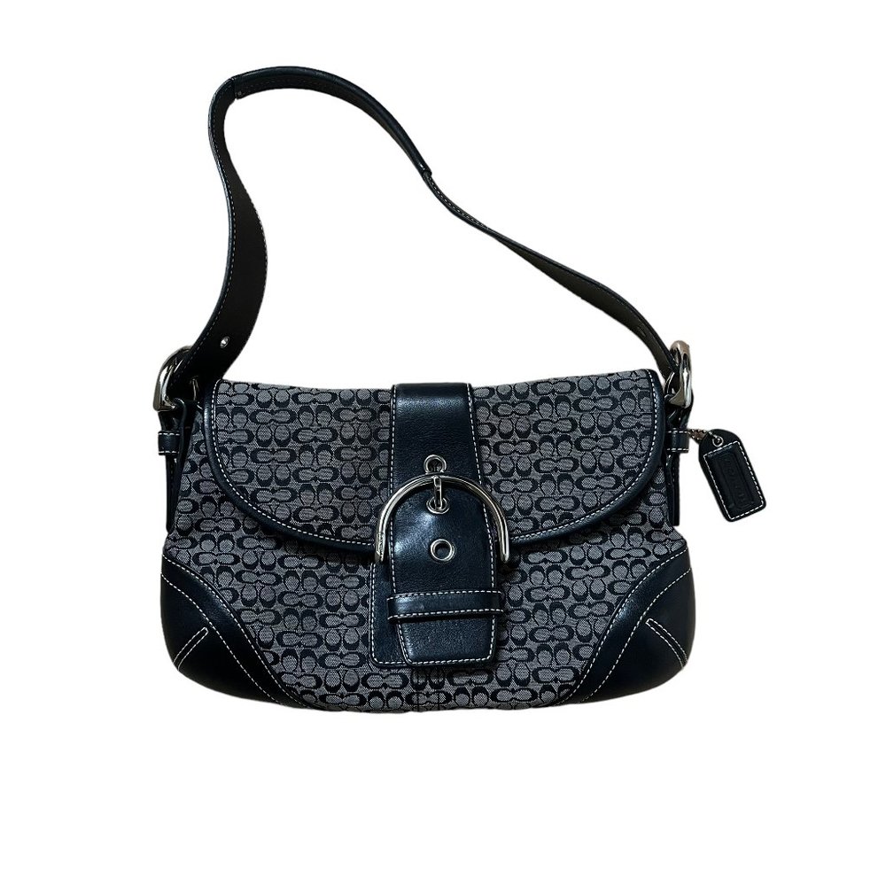 COACH Signature Canvas Monogram Logo Black Leather Buckle Flap Shoulder Bag